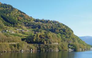 a hillside with trees on it next to a lake at Stunning Home In Steinst With Wifi in Øystese