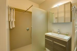 uma casa de banho com um lavatório e um chuveiro em Arass Hôtel & Business Flats em Antuérpia