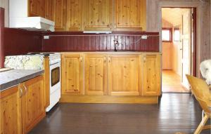 een keuken met houten kasten en een fornuis met oven bij Awesome Home In Borgund With Kitchenette in Borgund