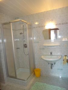 uma casa de banho com um chuveiro e um lavatório. em Appartement Grubbauer em Wagrain