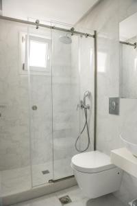 La salle de bains est pourvue d'une douche, de toilettes et d'un lavabo. dans l'établissement Cyclades Hotel, à Karterados