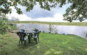 YngsjöにあるStunning Home In Yngsj With 3 Bedrooms And Internetの湖畔の芝生の上に三脚とテーブル