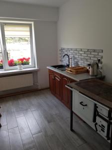 eine Küche mit einer Theke, einem Waschbecken und einem Fenster in der Unterkunft Dom prywatny in Lębork