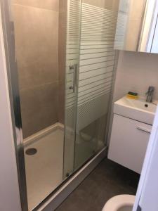La salle de bains est pourvue d'une douche et d'un lavabo. dans l'établissement Lily 7, à Koper