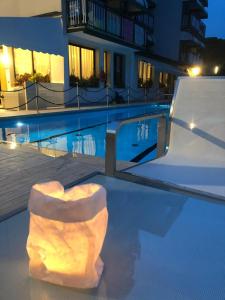 una grande piscina con una grande roccia in acqua di Hotel Picobello Pineta a Lido di Jesolo