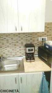 a kitchen counter with a sink and a coffee maker at Vila Tropicana in Eforie Sud