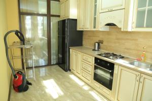 a kitchen with a black refrigerator and a vacuum at AL SHEIKH 5 BEDROOM LUXURY APARTMENT 1 in Yerevan