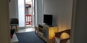 salon z telewizorem na stojaku z oknem w obiekcie ITXASO w mieście Hondarribia
