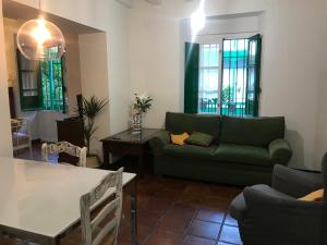 ein Wohnzimmer mit einem grünen Sofa und Fenstern in der Unterkunft Apartamento Suite Las Setas in Sevilla