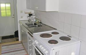 a kitchen with a white stove and a sink at Holiday Home Håknehult Lidhult in Lidhult