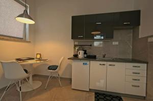 a kitchen with a sink and a table with chairs at Apartments Drevi in Ljubljana