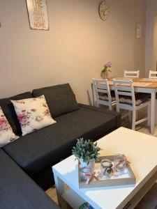 Apartament Romantic في أوشفيتز: غرفة معيشة مع أريكة وطاولة