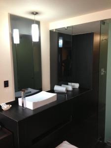 baño con lavabo y espejo grande en Hotel Amazonas, en Ciudad de México