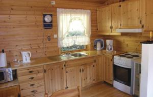 eine Küche mit Holzschränken, einem Waschbecken und einem Fenster in der Unterkunft Golhaug in Veen