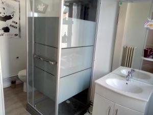 a bathroom with a glass shower and a sink at Alex Guest House in Dozulé