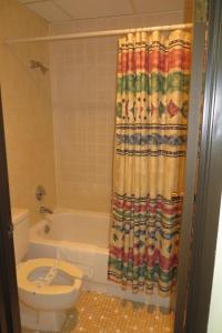 a bathroom with a toilet and a shower curtain at Grand Inn Fargo in Fargo