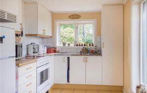 kuchnia z białymi szafkami i oknem w obiekcie Beautiful Home In Nssj With Kitchen w mieście Nässjö