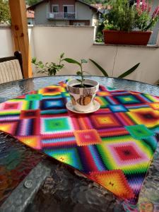 uma planta sobre uma mesa com um copo sobre ela em Apartment Janja em Vojnik