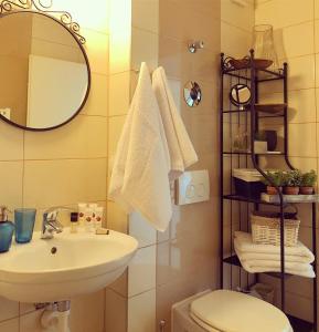 a bathroom with a sink and a toilet and a mirror at Belle View Apartment Brasov in Braşov