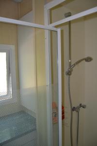 a shower with a glass door in a bathroom at Mobile home des pins in Châtignac