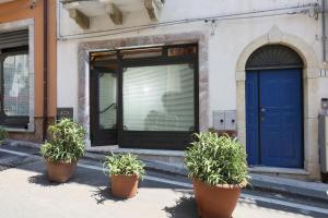 Tre piante in vaso davanti a una porta blu di Trinacria House a Taormina