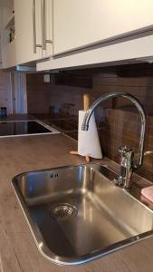 a kitchen sink with a faucet on top of it at Farmer Apartment in Laukvik