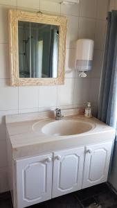 a bathroom with a white sink and a mirror at Farmer Apartment in Laukvik