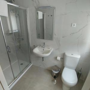 a bathroom with a toilet and a shower and a sink at Baixinho Guest House in Vila Praia de Âncora +28 photos