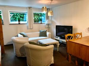 a living room with a couch and a tv at Holiday Home Liden in Båstad
