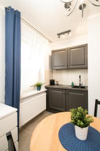 a kitchen with a wooden table with a blue curtain at GOOD NIGHT | city Police (3km) | Szczecin | 2 pers in Szczecin