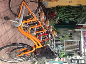 una bicicleta naranja está colgando en una pared en Just Chill Inn, en Chiang Mai