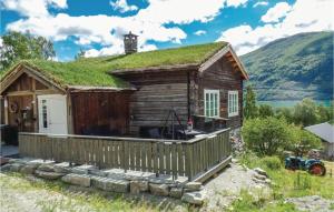 a log cabin with a grass roof at Awesome Home In Vg With House Sea View in Vågåmo