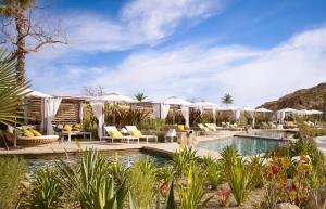 - une piscine avec des parasols blancs et des chaises dans l'établissement Montage Los Cabos, à Cabo San Lucas