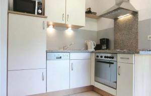 a small kitchen with white cabinets and a microwave at 1 Bedroom Pet Friendly Apartment In Wallendorf-pont in Wallendorf pont