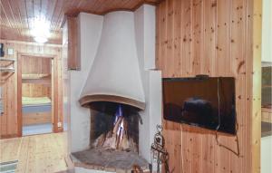 a wood fired oven in a room with a tv at Amazing Home In Sysslebck With Kitchen in Sysslebäck