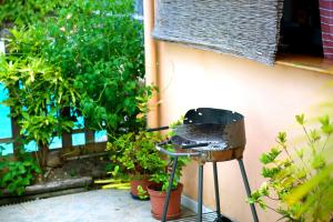 a barbecue grill sitting on a stand next to plants at Holiday Home Soleil de Gwada in Sainte-Anne +2 photos