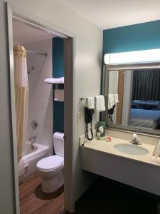 La salle de bains est pourvue d'un lavabo, de toilettes et d'un miroir. dans l'établissement Pepper Tree Inn, à Beaverton