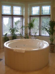 eine große Badewanne in einem Zimmer mit Fenstern in der Unterkunft Lough Rynn Castle in Mohill