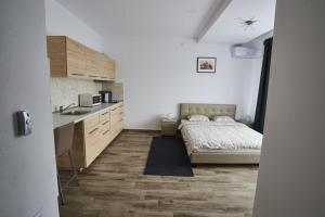 a bedroom with a bed and a sink in it at AT Central Apartments in Bucharest