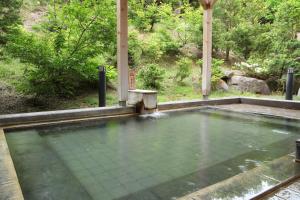 a pool of water with a fountain in a garden at Hotel Towadaso in Towada