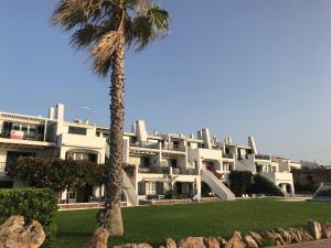 een groot wit gebouw met een palmboom ervoor bij ES CASTELL 1 by SOM Menorca in Fornells