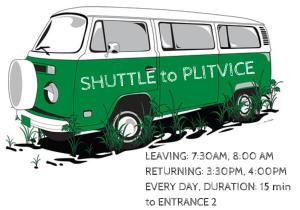 a green van with a sign that reads shuttle to future at Falling Lakes Hostel in Korenica