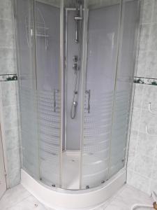 a shower with a glass door in a bathroom at chambres d'hotes REGINE in La Gouesnière