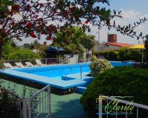 a swimming pool in a yard with chairs and a tree at Complejo Clarita in Villa Carlos Paz