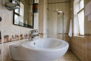 ein Badezimmer mit einem großen weißen Waschbecken und einem Spiegel in der Unterkunft Villa Viktoriya Hotel in Truskawez