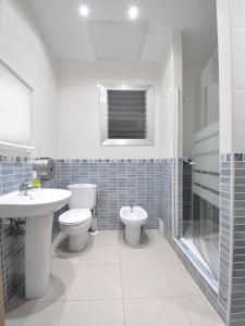 y baño con aseo, lavabo y ducha. en BARCELONA GOTIC Guesthouse en Barcelona