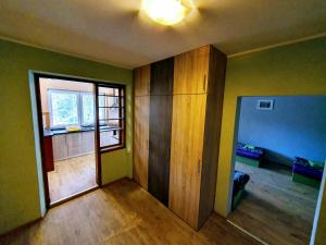 布熱茨拉夫的住宿－Čechovka，一间空房间,设有绿色的墙壁和木制橱柜