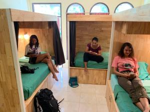 
a woman sitting on a bed next to a bunk bed at Coco Khao Sok Hostel in Khao Sok
