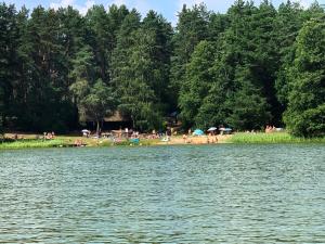 un gruppo di persone sulla riva di un lago di Gościniec Rospuda a Augustów