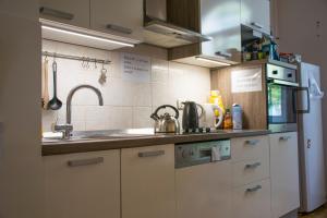 cocina con fregadero y nevera en Hostel DIC, en Liubliana